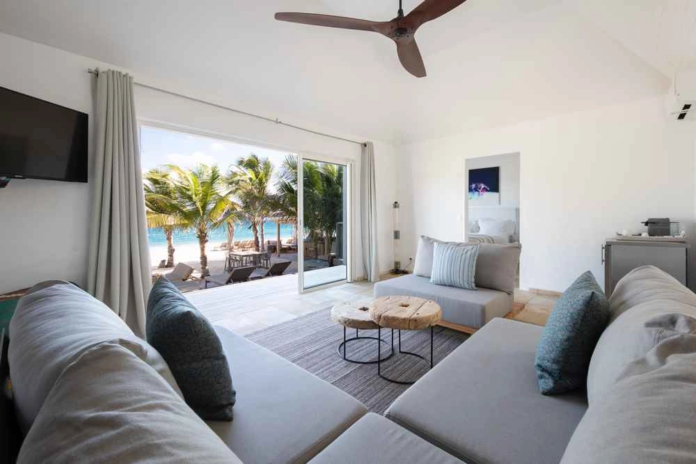 Living Room and View at the Beach Front Suite © Pearl Beach, St Barth