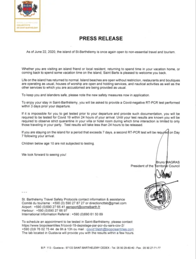 St. Barths Opens to Visitors June 22; Official Press Release