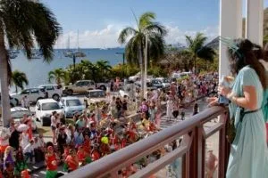 Many people gathered on balconies to watch the Mardis Gras festivities.