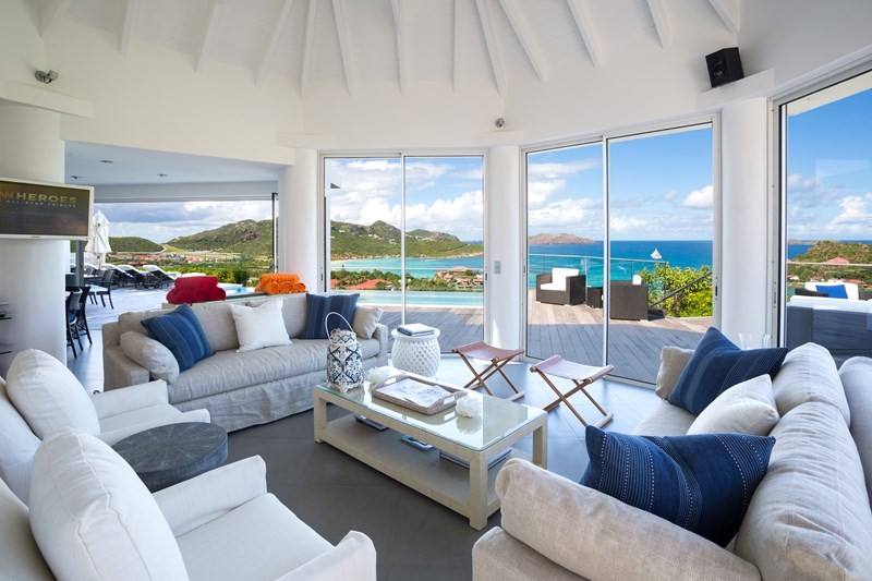 New interiors at WV RIG, overlooking St. Jean, WIMCO Villas, Villa Romana, WV RIG, St. Barthelemy, St. Jean, Family Friendly Villa, 4 Bedroom Villa, 4 Bathroom Villa, Pool, Living Room, WiFi