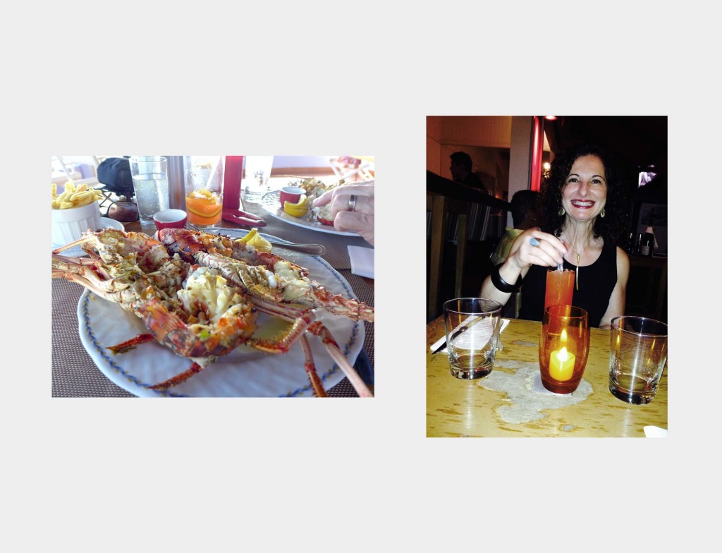 Grilled spiny lobster at Sante Fe, and Angela sipping her favorite Campari cocktail