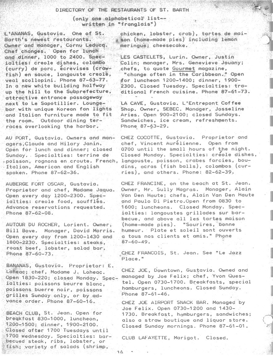 A directory of St. Barths restaurants from 1979. Courtesy of SBHOnline