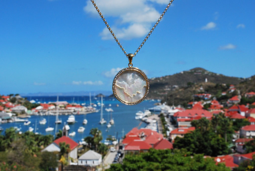 OUR ST. BARTHS PENDANT WITH WHITE SAPPHIRES OVERLOOKING GUSTAVIA HARBOR.