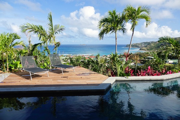 Two bedroom villa situated deep in the hills of Lorient, St Barths with panoramic ocean and hillside views.